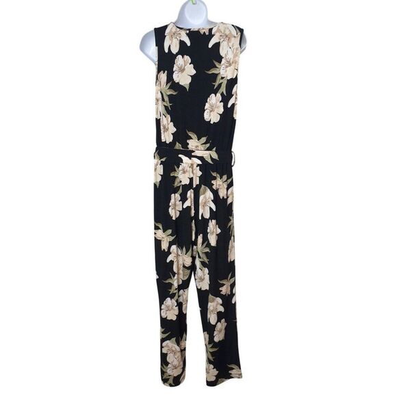 Colleen Lopez Floral Sleeveless Jumpsuit M Black Beige Elastic Tie Waist Pockets - Picture 2 of 3